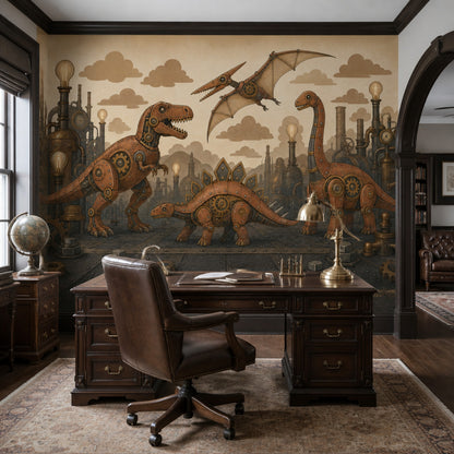Steampunk Dinozor Poster Duvar Kağıdı Bakır Ton Çocuk Odası
