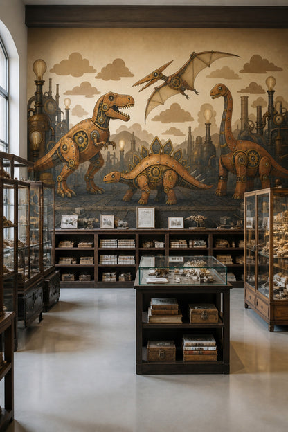 Steampunk Dinozor Poster Duvar Kağıdı Bakır Ton Çocuk Odası