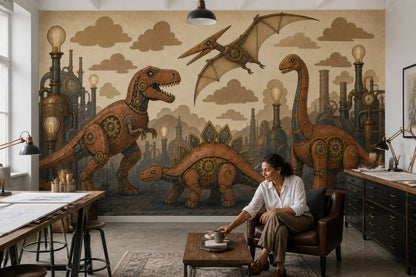 Steampunk Dinozor Poster Duvar Kağıdı Bakır Ton Çocuk Odası
