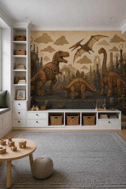 Steampunk Dinozor Poster Duvar Kağıdı Bakır Ton Çocuk Odası