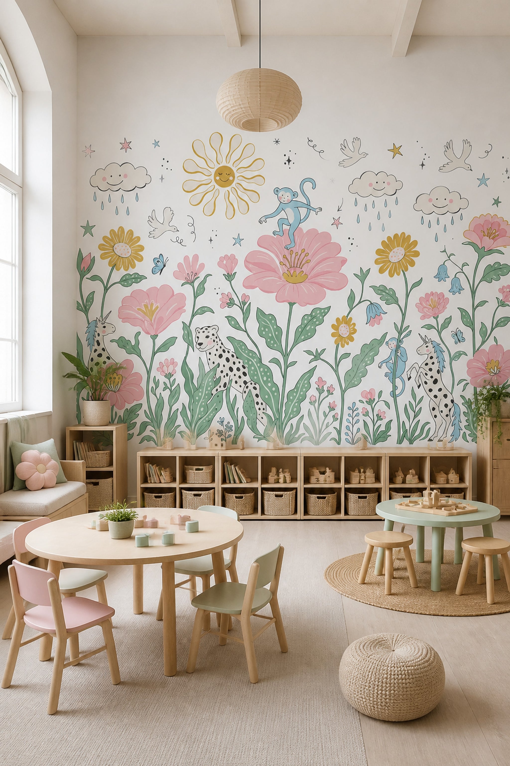 Masalsı Hayvanlı Poster Duvar Kağıdı Pastel Çocuk Odası Desenli
