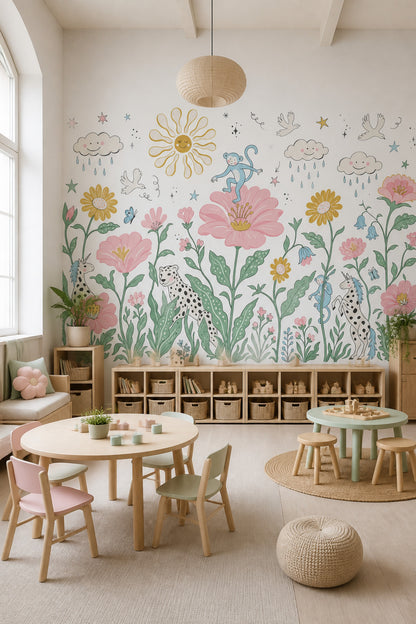 Masalsı Hayvanlı Poster Duvar Kağıdı Pastel Çocuk Odası Desenli