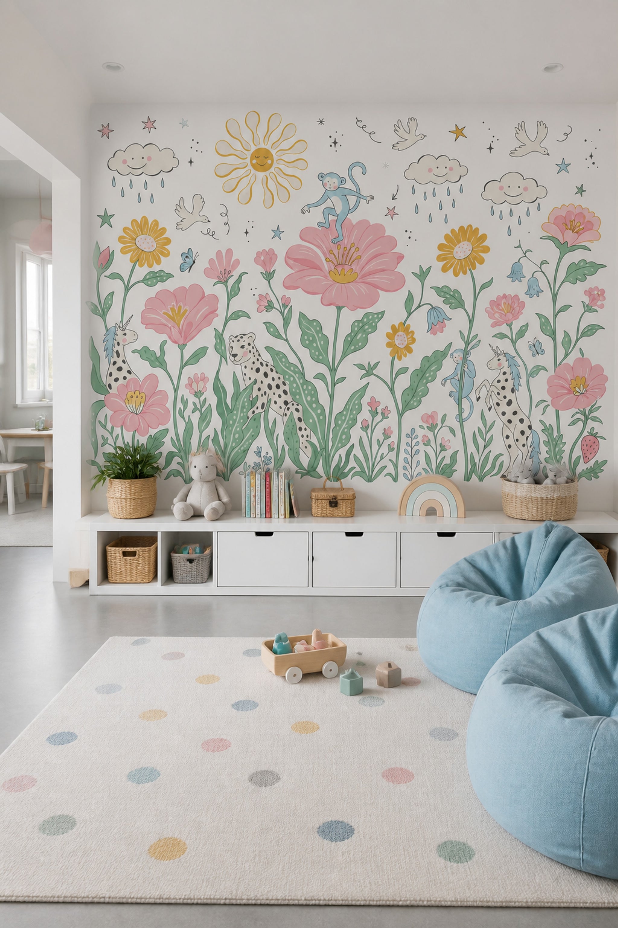 Masalsı Hayvanlı Poster Duvar Kağıdı Pastel Çocuk Odası Desenli