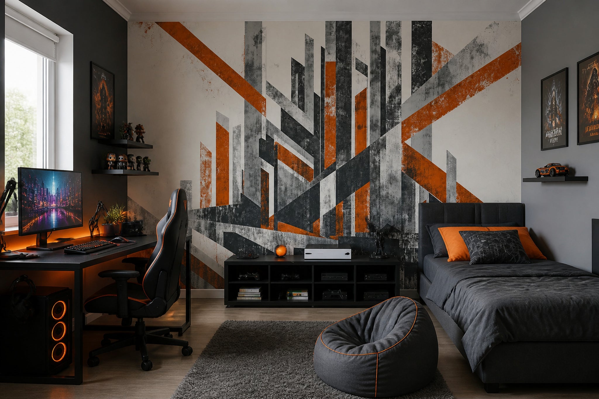 Soyut Geometrik Poster Duvar Kağıdı Gri Turuncu Genç Odası