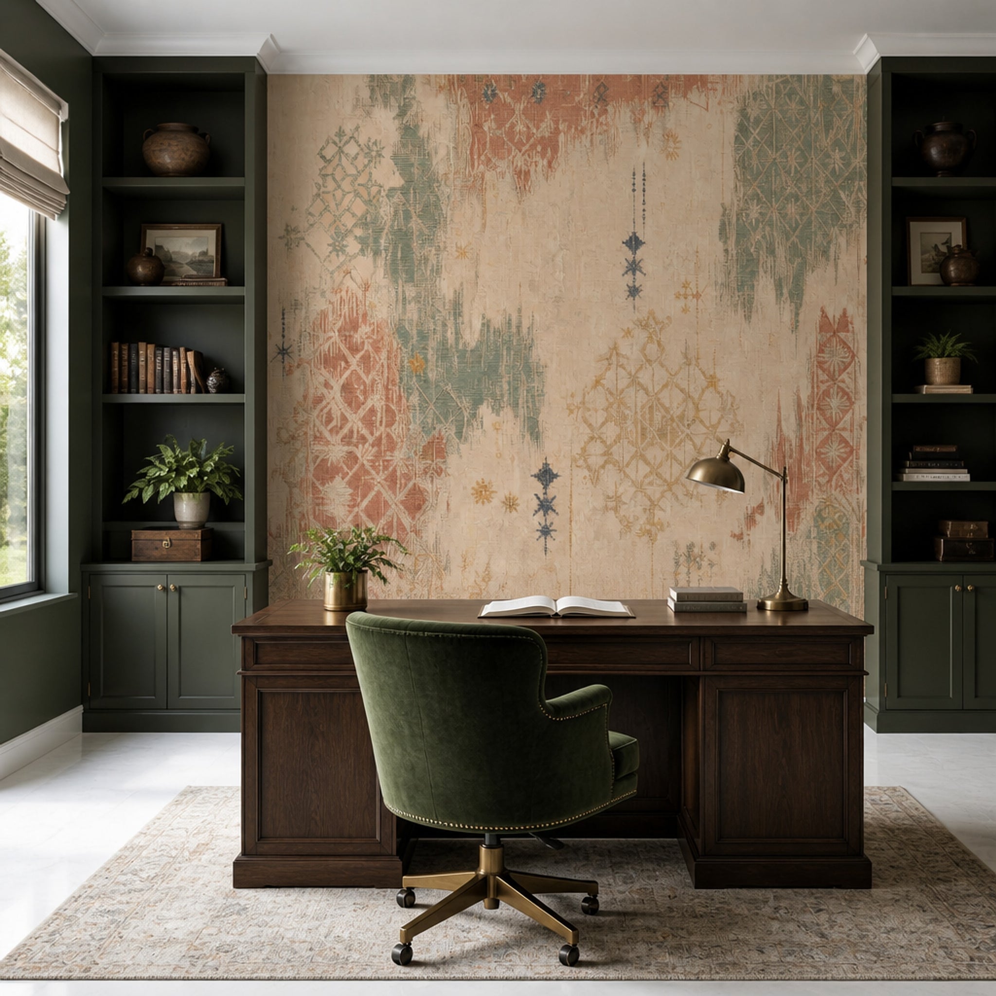 Etnik Kilim Desenli Poster Duvar Kağıdı Bej Yeşil Salon
