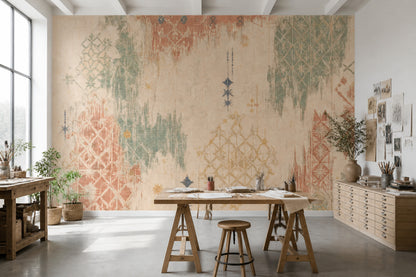 Etnik Kilim Desenli Poster Duvar Kağıdı Bej Yeşil Salon