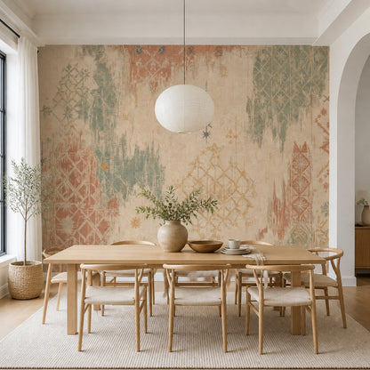 Etnik Kilim Desenli Poster Duvar Kağıdı Bej Yeşil Salon