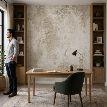 Beton Görünümlü Poster Duvar Kağıdı Bej Modern Yatak Odası