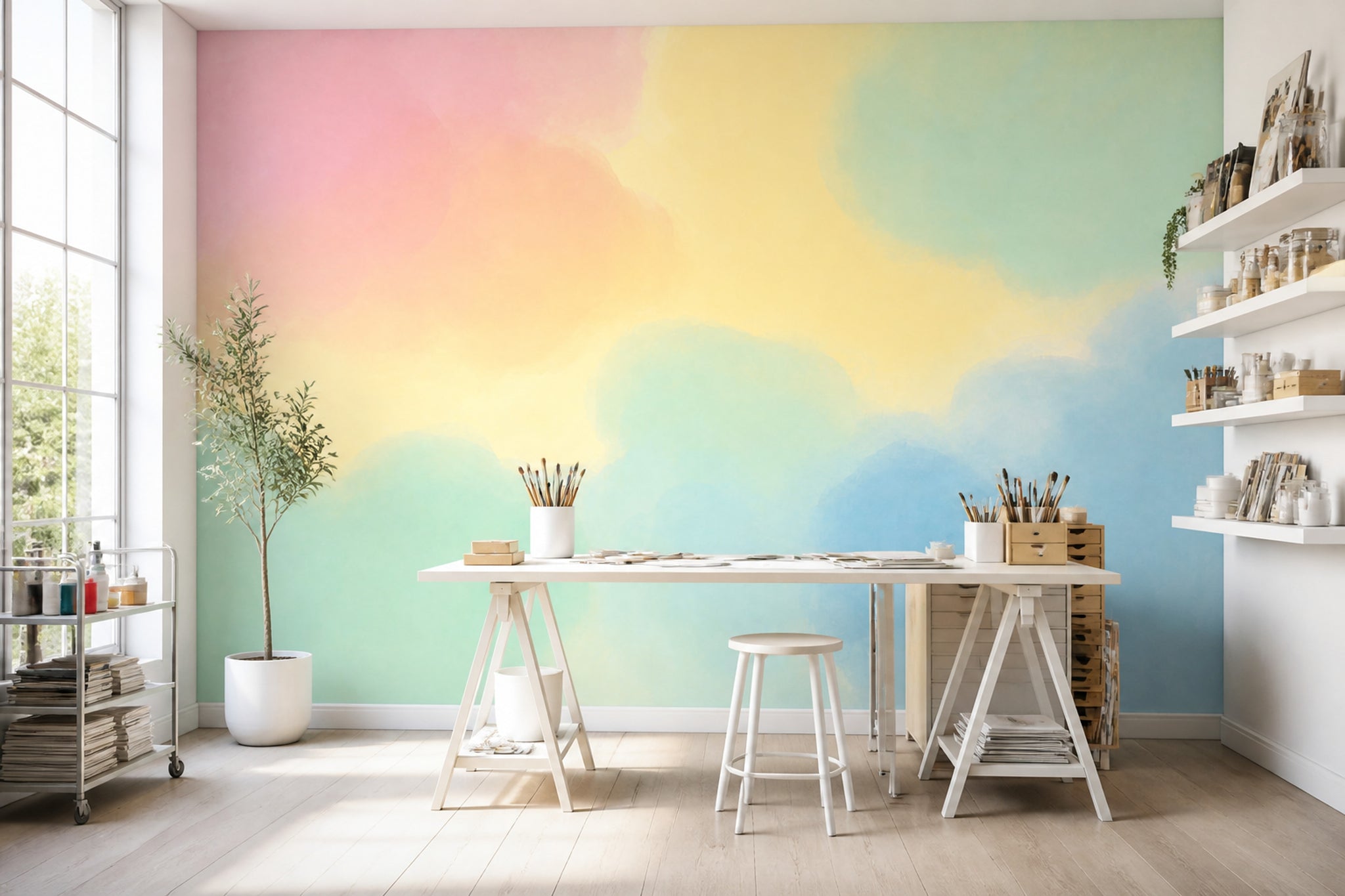 Pastel Suluboya Bulut Poster Duvar Kağıdı Renk Geçişli Ofis