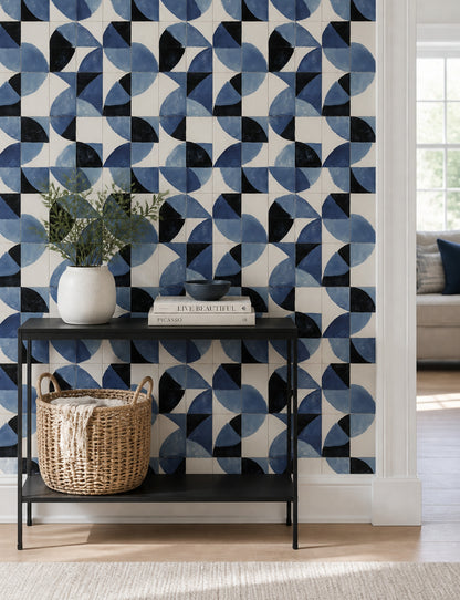Geometrik Desenli Duvar Kağıdı Mavi Siyah Modern Salon