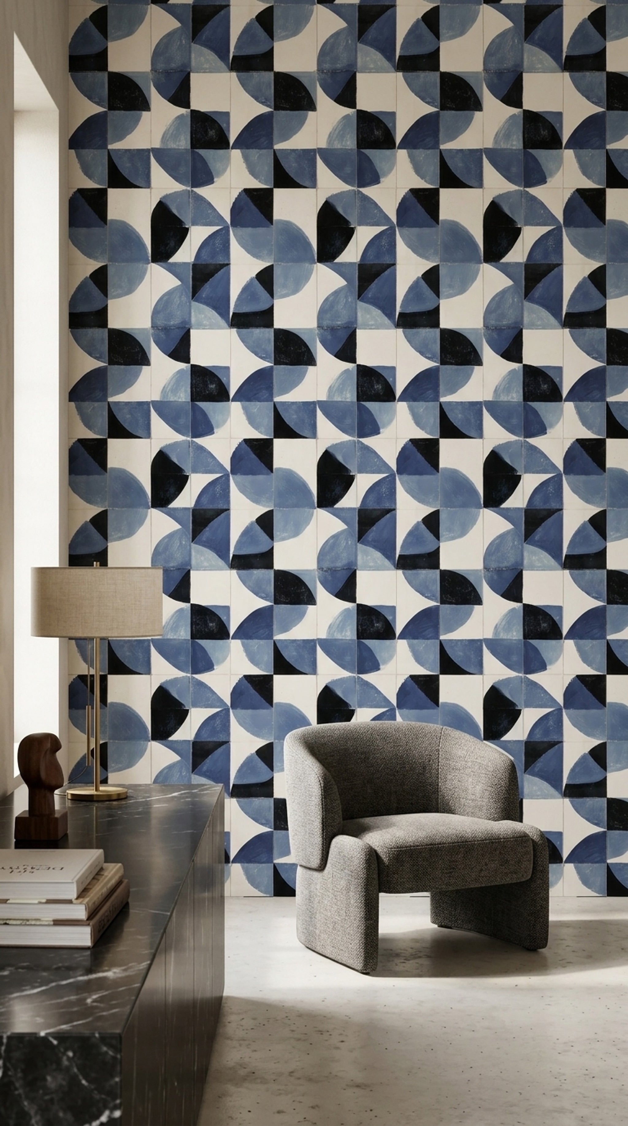 Geometrik Desenli Duvar Kağıdı Mavi Siyah Modern Salon