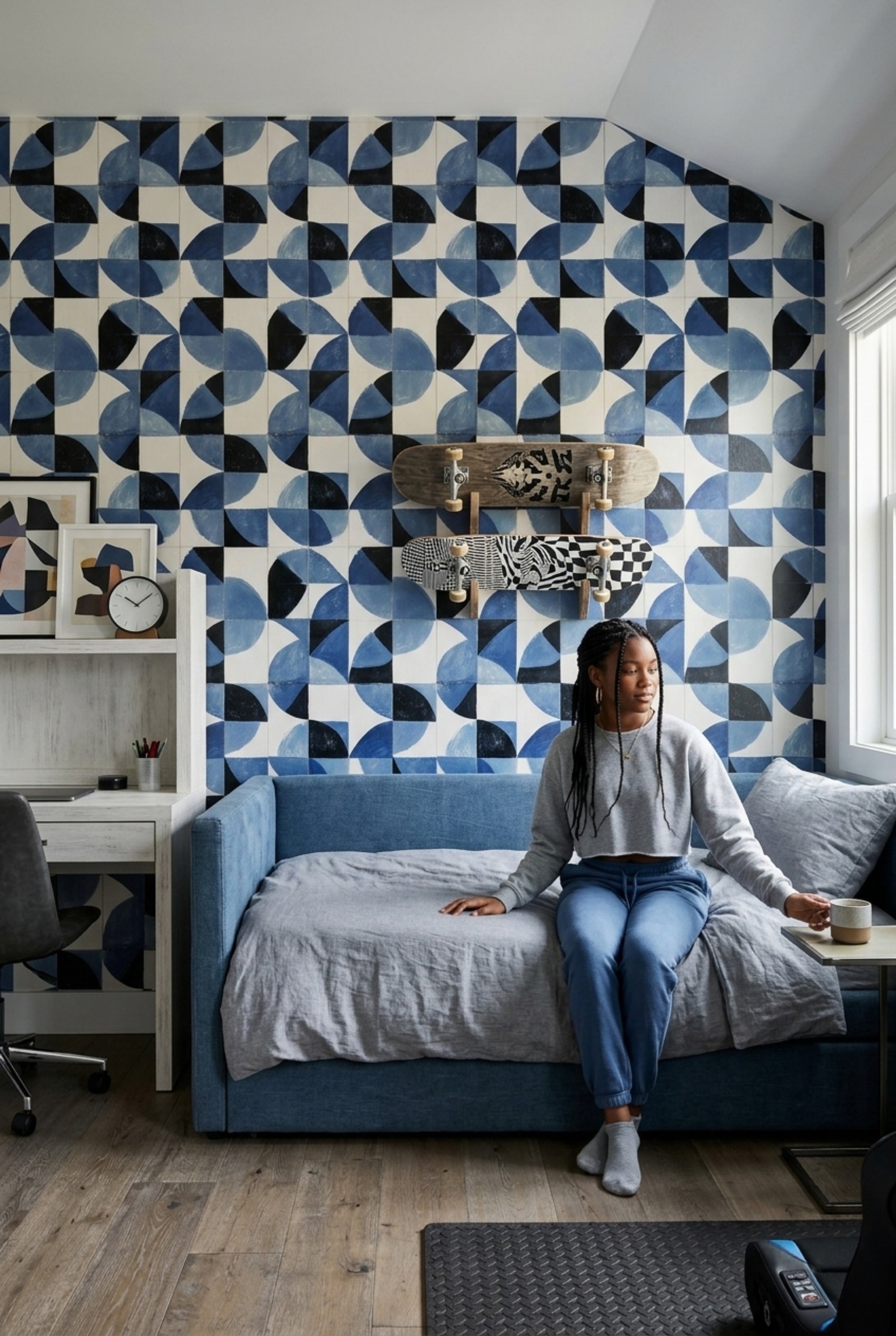 Geometrik Desenli Duvar Kağıdı Mavi Siyah Modern Salon