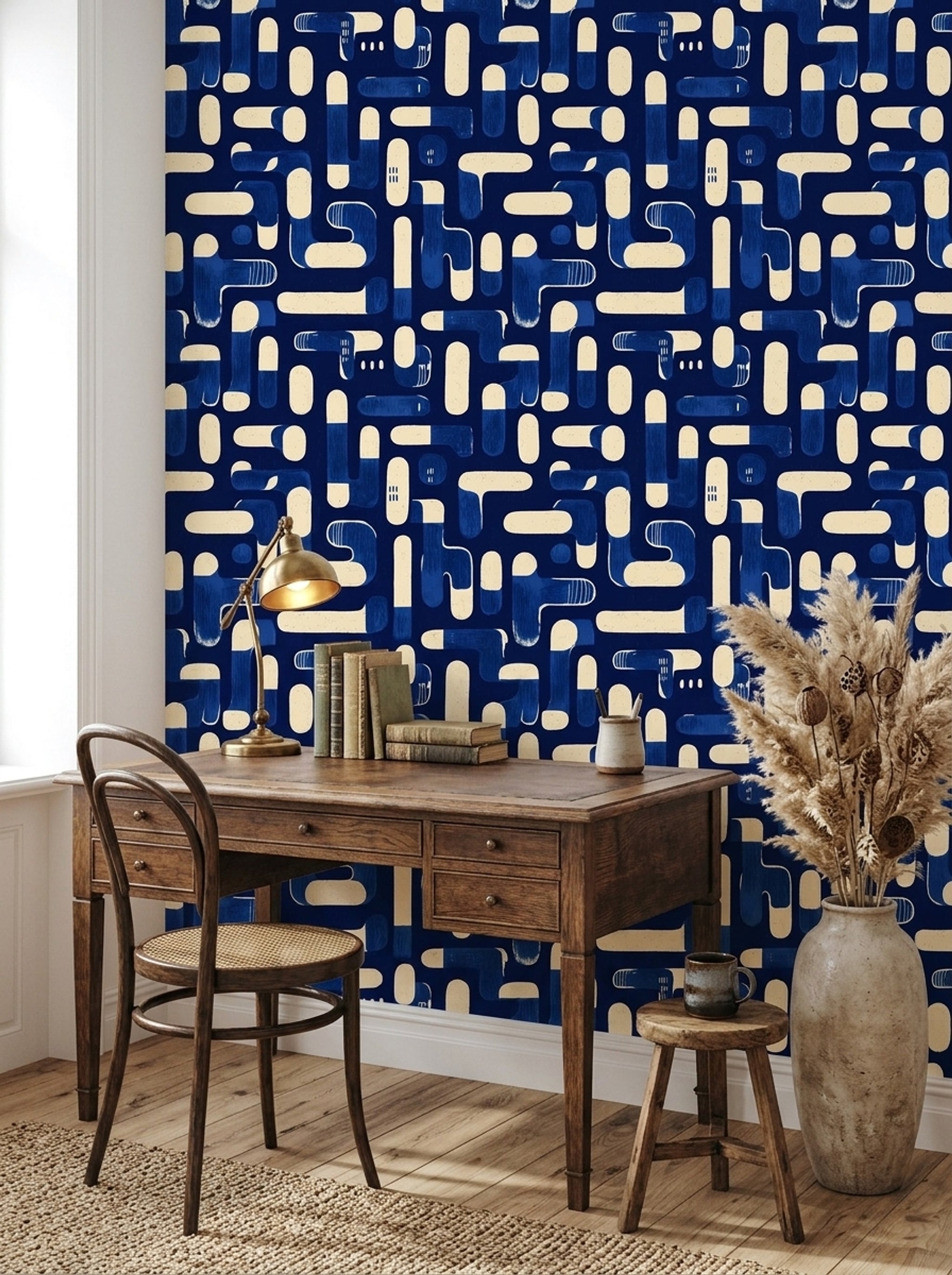 Geometrik Desenli Duvar Kağıdı Lacivert Krem Salon Duvarı