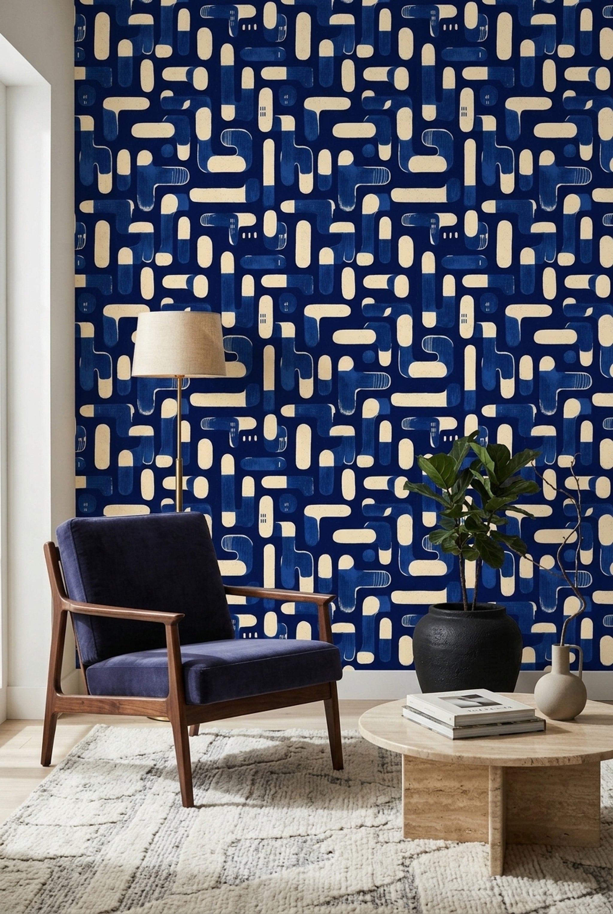 Geometrik Desenli Duvar Kağıdı Lacivert Krem Salon Duvarı