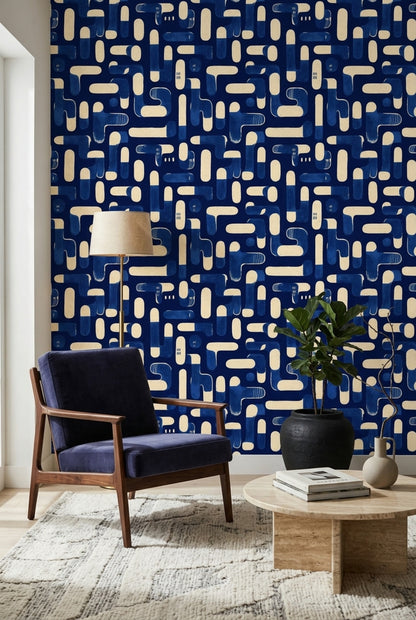 Geometrik Desenli Duvar Kağıdı Lacivert Krem Salon Duvarı
