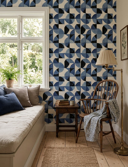 Geometrik Desenli Duvar Kağıdı Mavi Siyah Modern Salon
