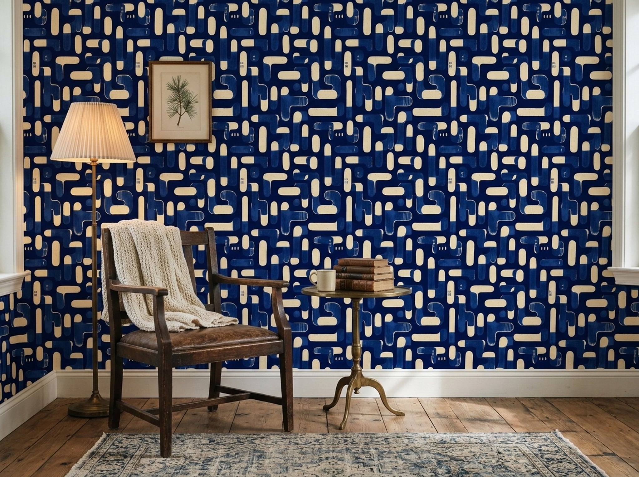 Geometrik Desenli Duvar Kağıdı Lacivert Krem Salon Duvarı
