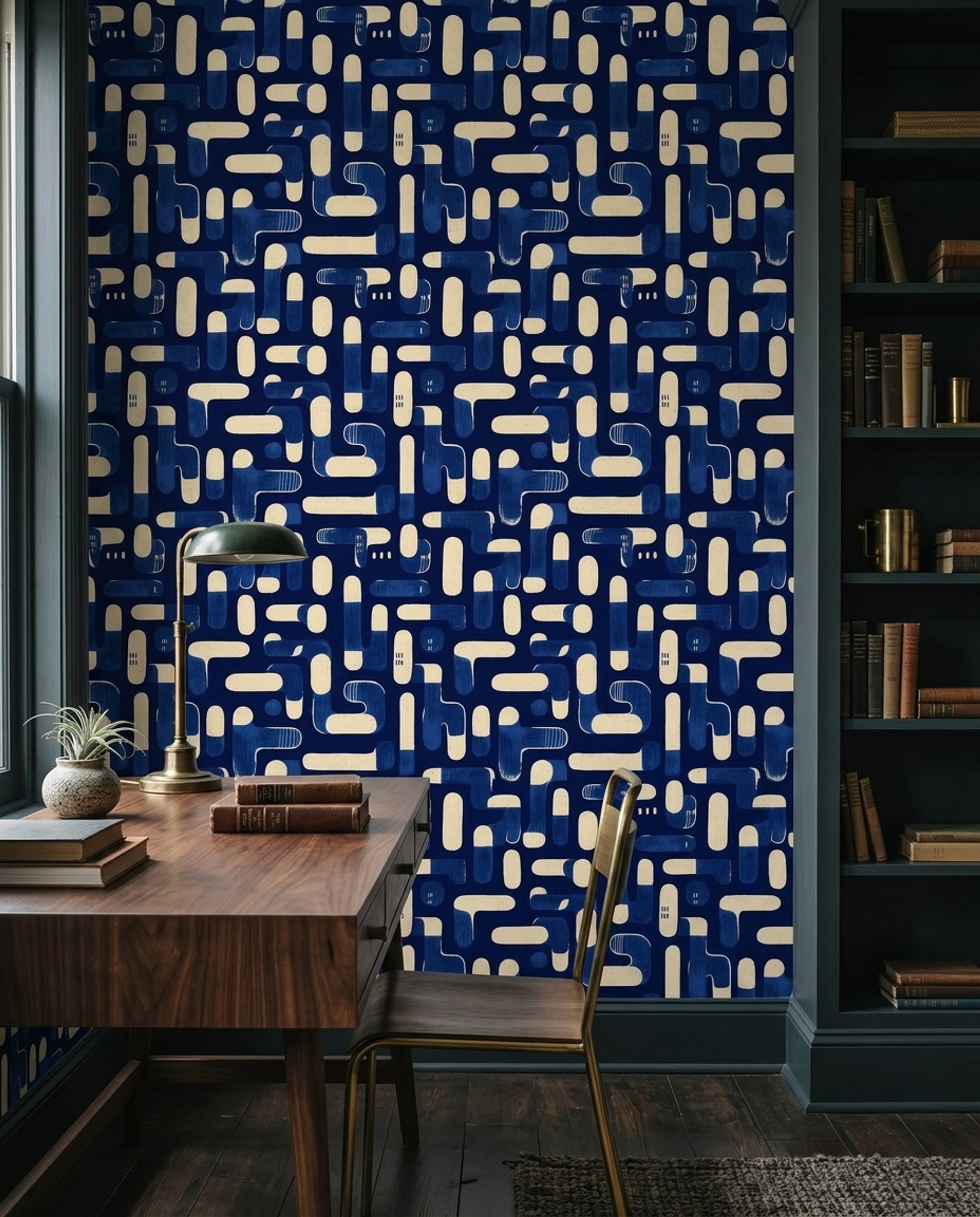 Geometrik Desenli Duvar Kağıdı Lacivert Krem Salon Duvarı