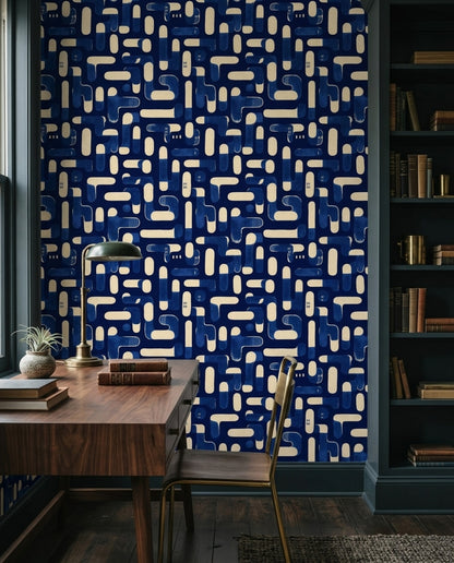 Geometrik Desenli Duvar Kağıdı Lacivert Krem Salon Duvarı