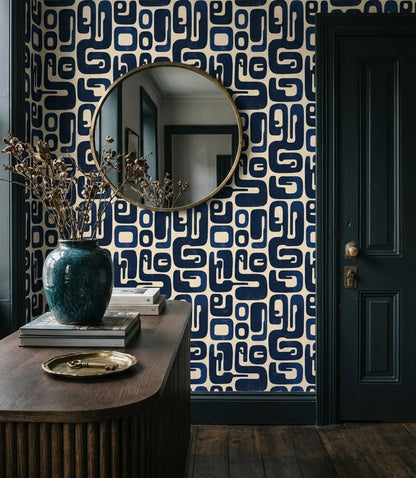 Retro Geometrik Duvar Kağıdı Lacivert Bej Desenli Banyo