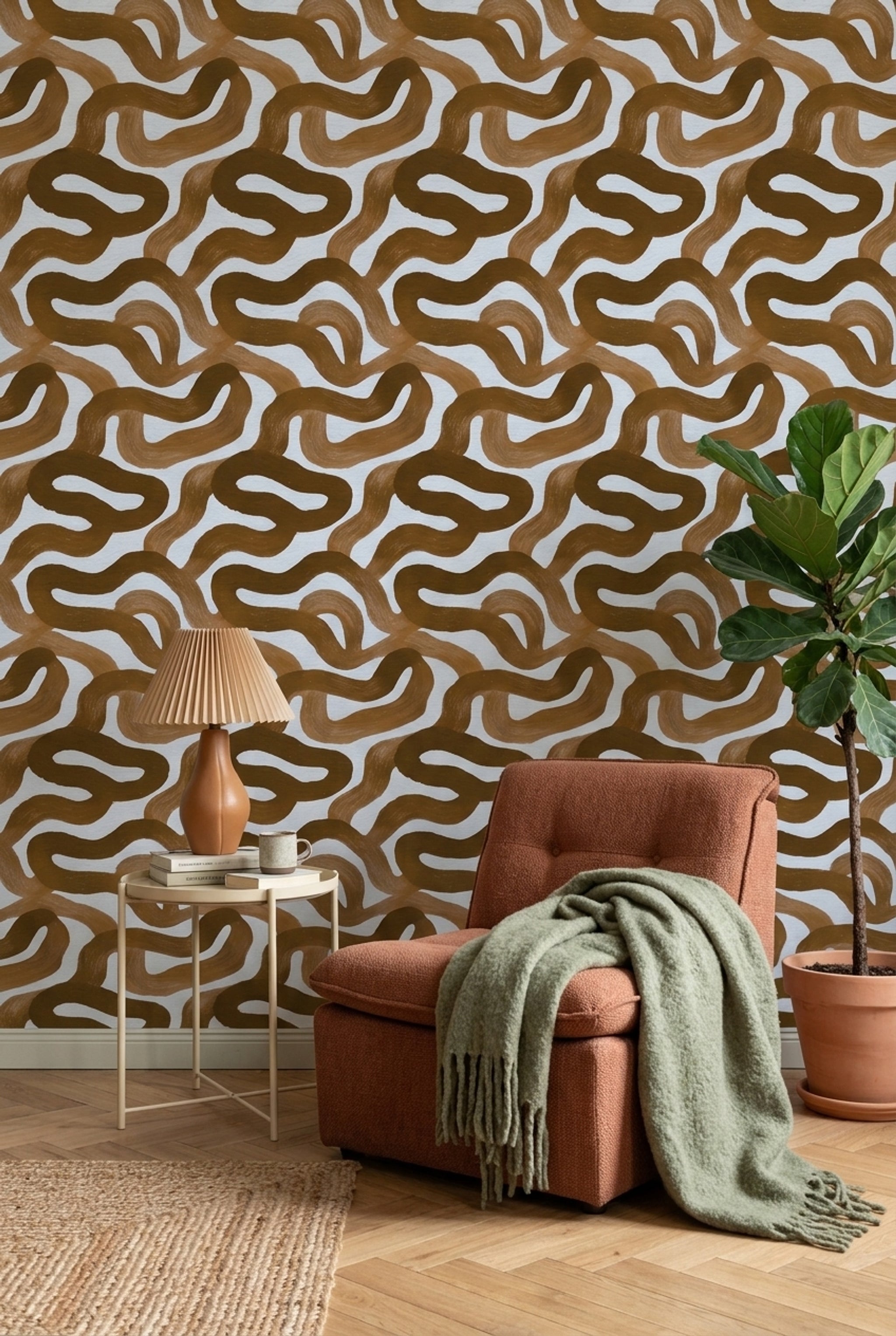 Soyut Dalgalı Desenli Duvar Kağıdı Kahverengi Modern Salon