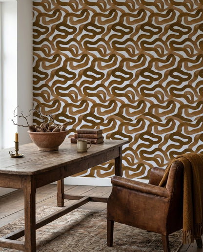 Soyut Dalgalı Desenli Duvar Kağıdı Kahverengi Modern Salon