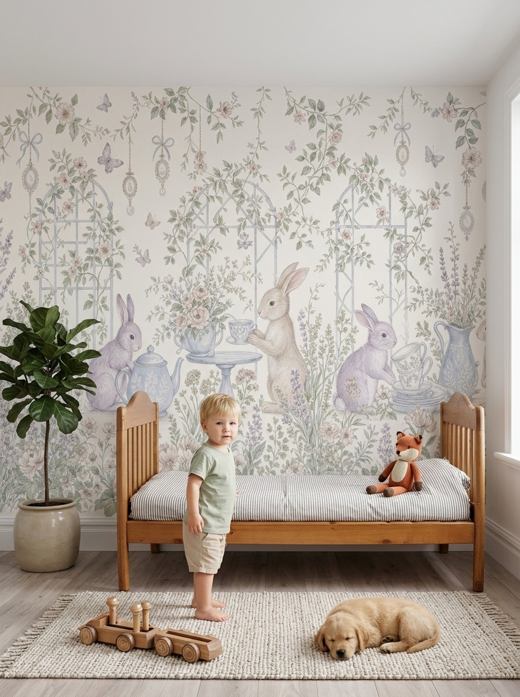Tavşanlı Çiçek Bahçesi Poster Duvar Kağıdı Pastel Bebek Odası