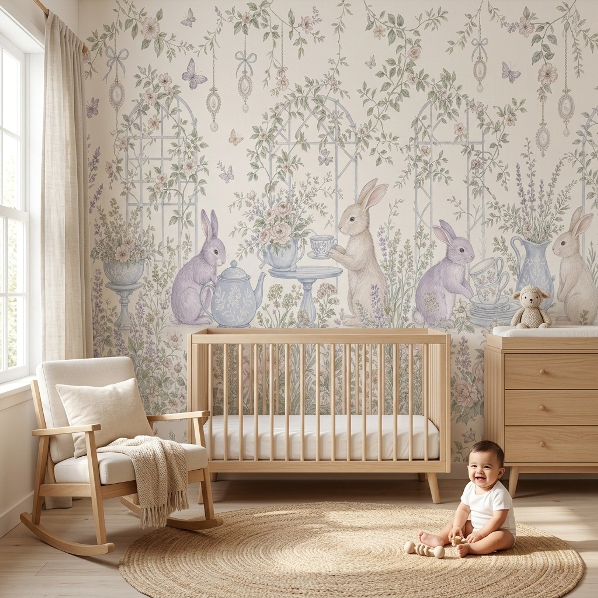 Tavşanlı Çiçek Bahçesi Poster Duvar Kağıdı Pastel Bebek Odası