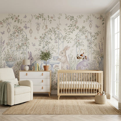 Tavşanlı Çiçek Bahçesi Poster Duvar Kağıdı Pastel Bebek Odası