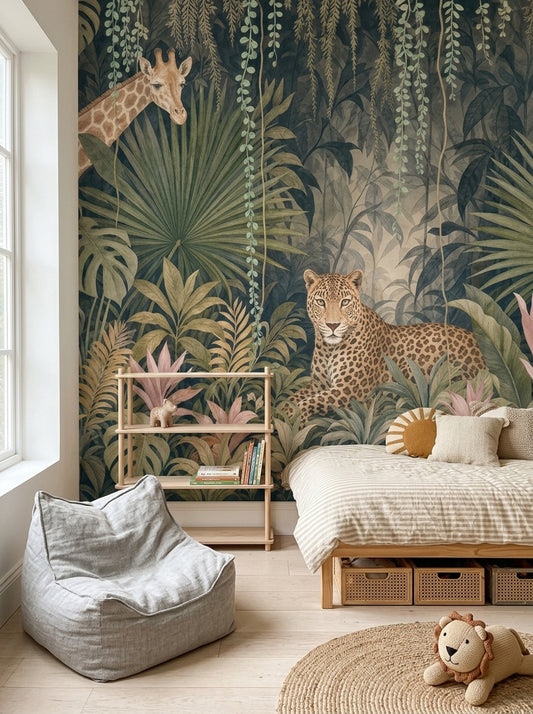 Jungle Hayvanlı Poster Duvar Kağıdı Yeşil Safari Çocuk Odası