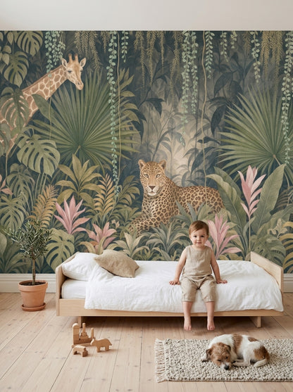 Jungle Hayvanlı Poster Duvar Kağıdı Yeşil Safari Çocuk Odası