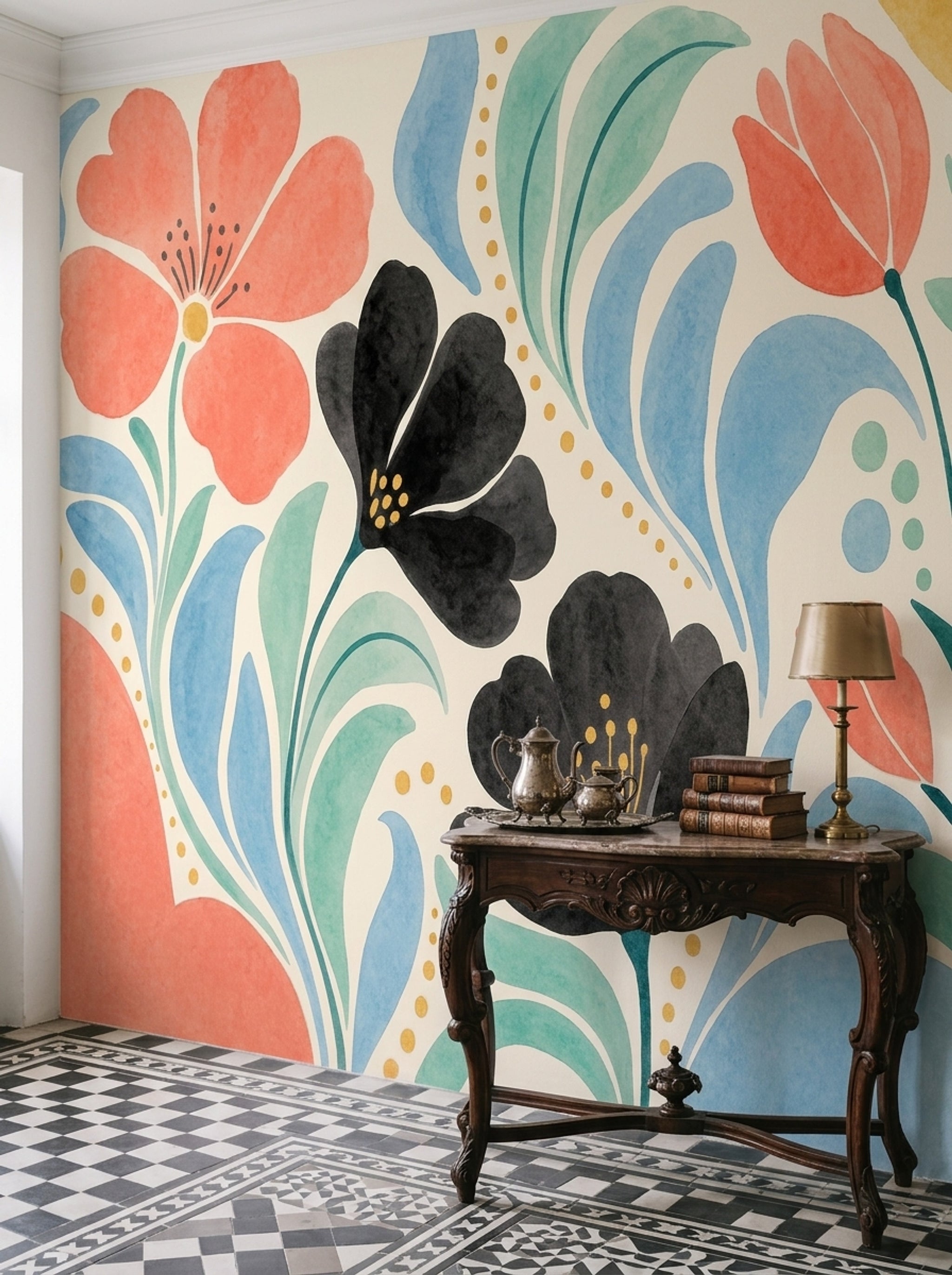 Renkli Büyük Çiçekli Poster Duvar Kağıdı Modern Salon Duvarı