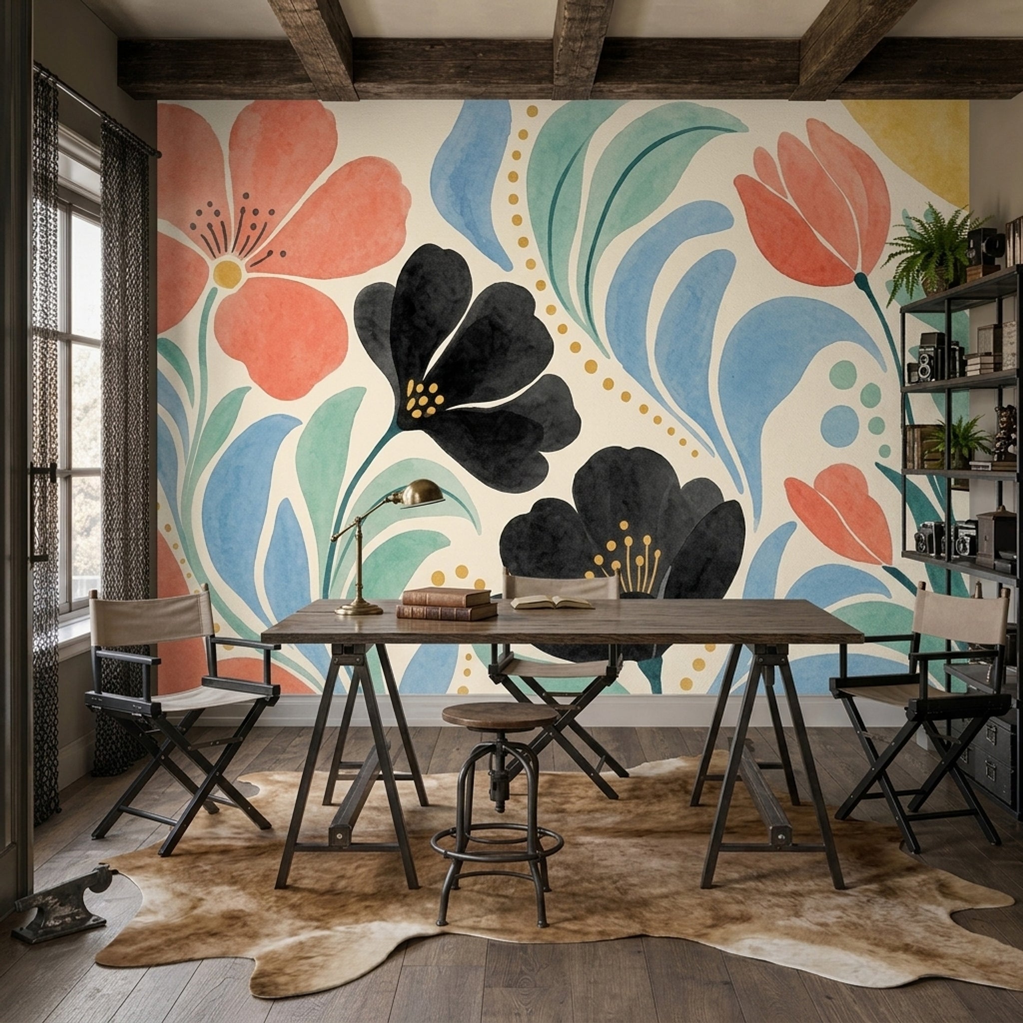 Renkli Büyük Çiçekli Poster Duvar Kağıdı Modern Salon Duvarı