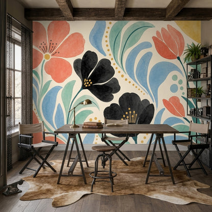 Renkli Büyük Çiçekli Poster Duvar Kağıdı Modern Salon Duvarı