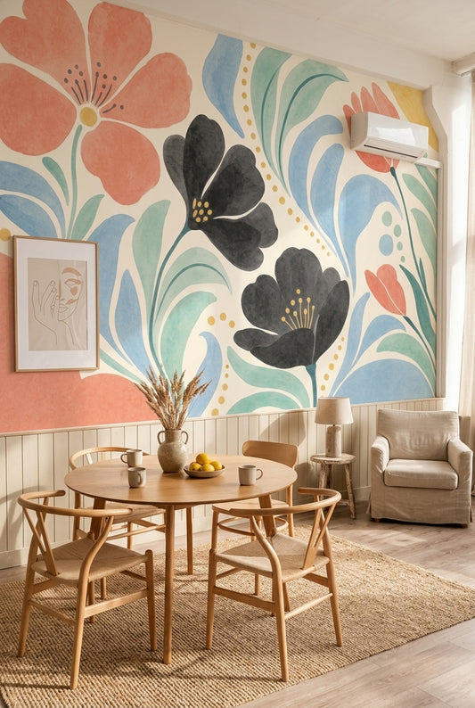 Renkli Büyük Çiçekli Poster Duvar Kağıdı Modern Salon Duvarı