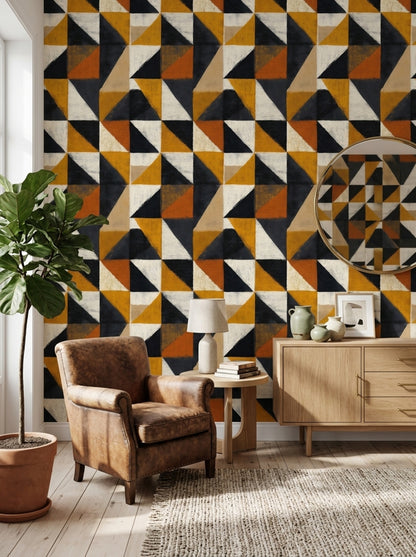Geometrik Üçgen Desenli Duvar Kağıdı Hardal Siyah Modern