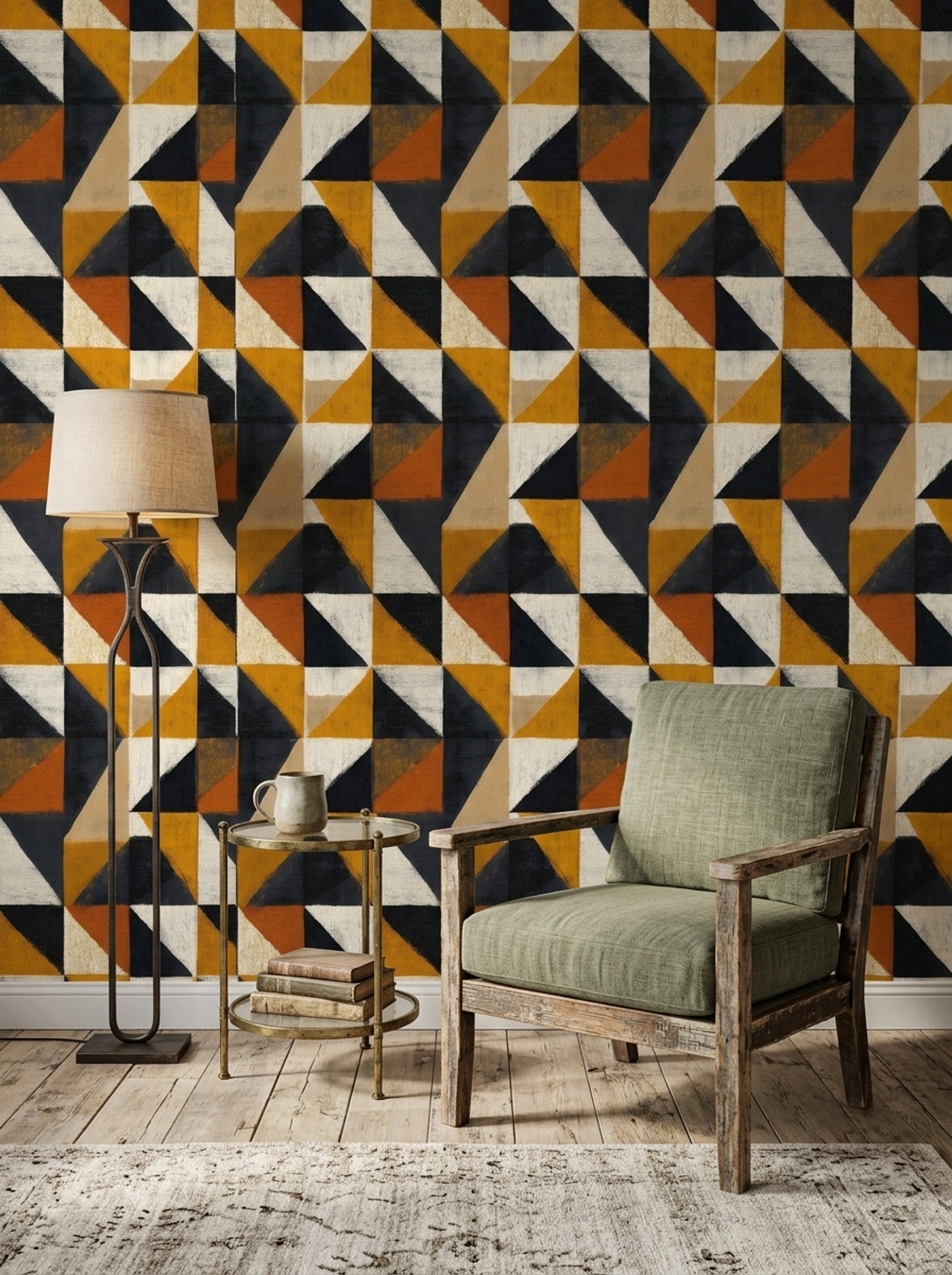 Geometrik Üçgen Desenli Duvar Kağıdı Hardal Siyah Modern