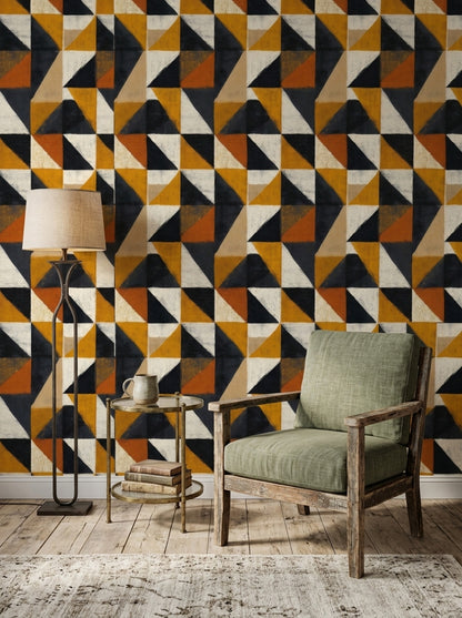 Geometrik Üçgen Desenli Duvar Kağıdı Hardal Siyah Modern