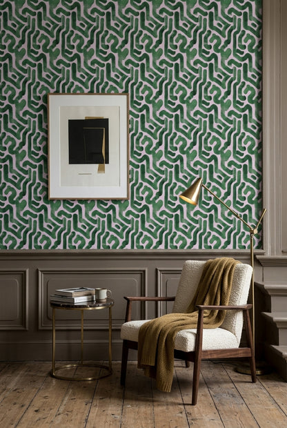 Yeşil Geometrik Desenli Duvar Kağıdı Modern Salon Dekoru