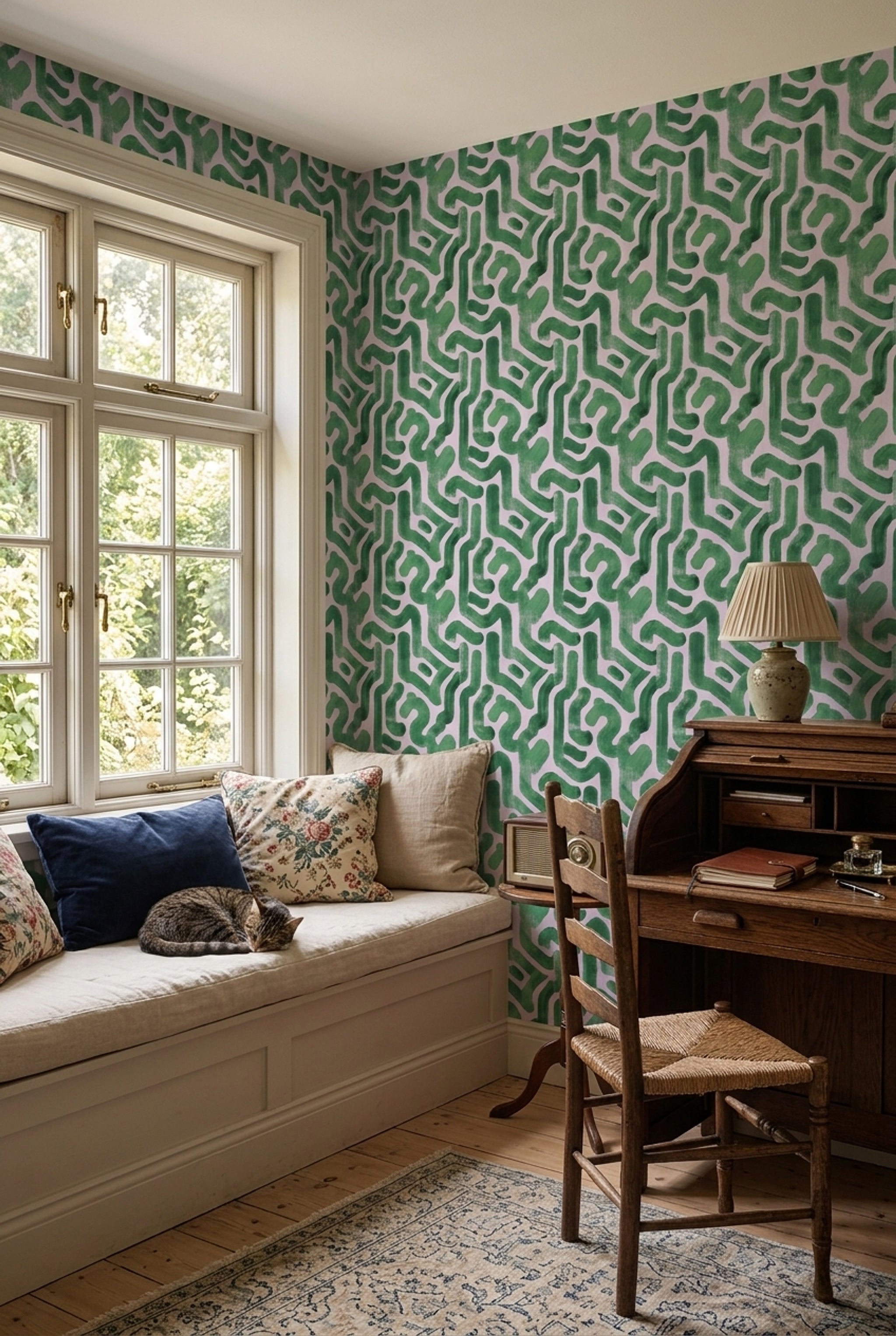 Yeşil Geometrik Desenli Duvar Kağıdı Modern Salon Dekoru