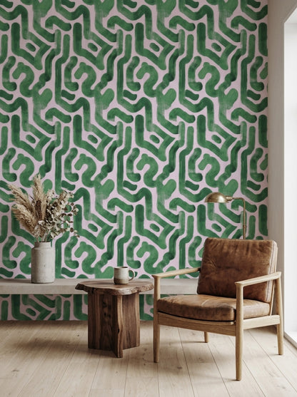 Yeşil Geometrik Desenli Duvar Kağıdı Modern Salon Dekoru