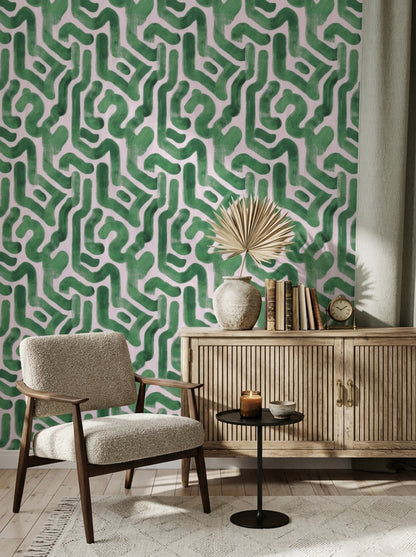 Yeşil Geometrik Desenli Duvar Kağıdı Modern Salon Dekoru