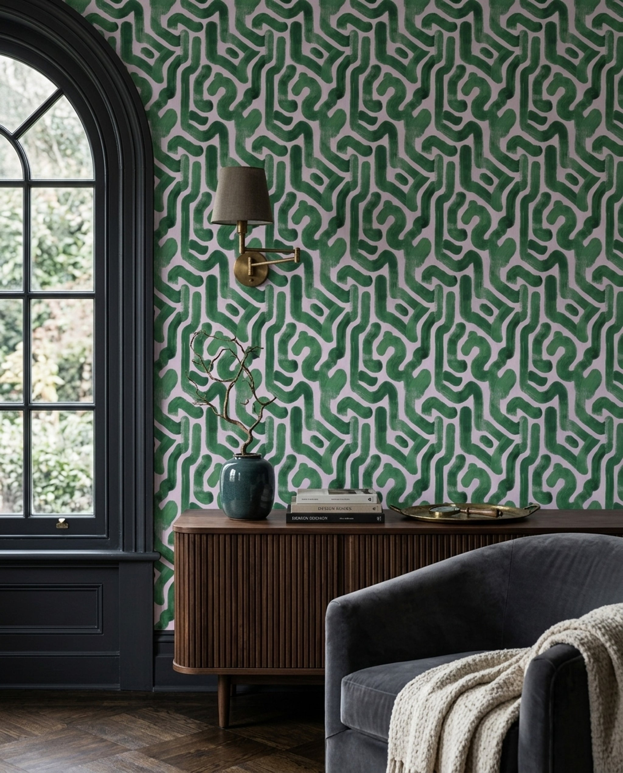 Yeşil Geometrik Desenli Duvar Kağıdı Modern Salon Dekoru