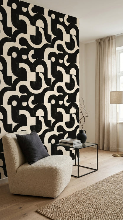 Siyah Beyaz Geometrik Desenli Duvar Kağıdı Modern Salon
