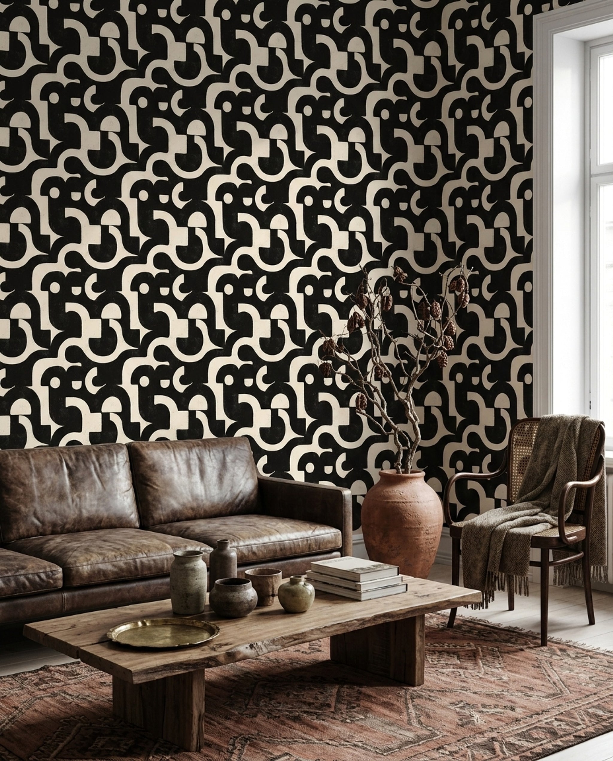 Siyah Beyaz Geometrik Desenli Duvar Kağıdı Modern Salon