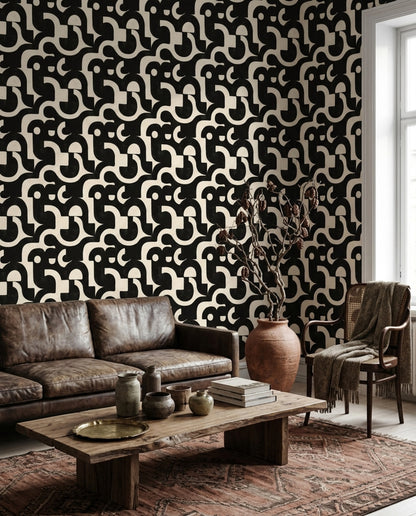 Siyah Beyaz Geometrik Desenli Duvar Kağıdı Modern Salon