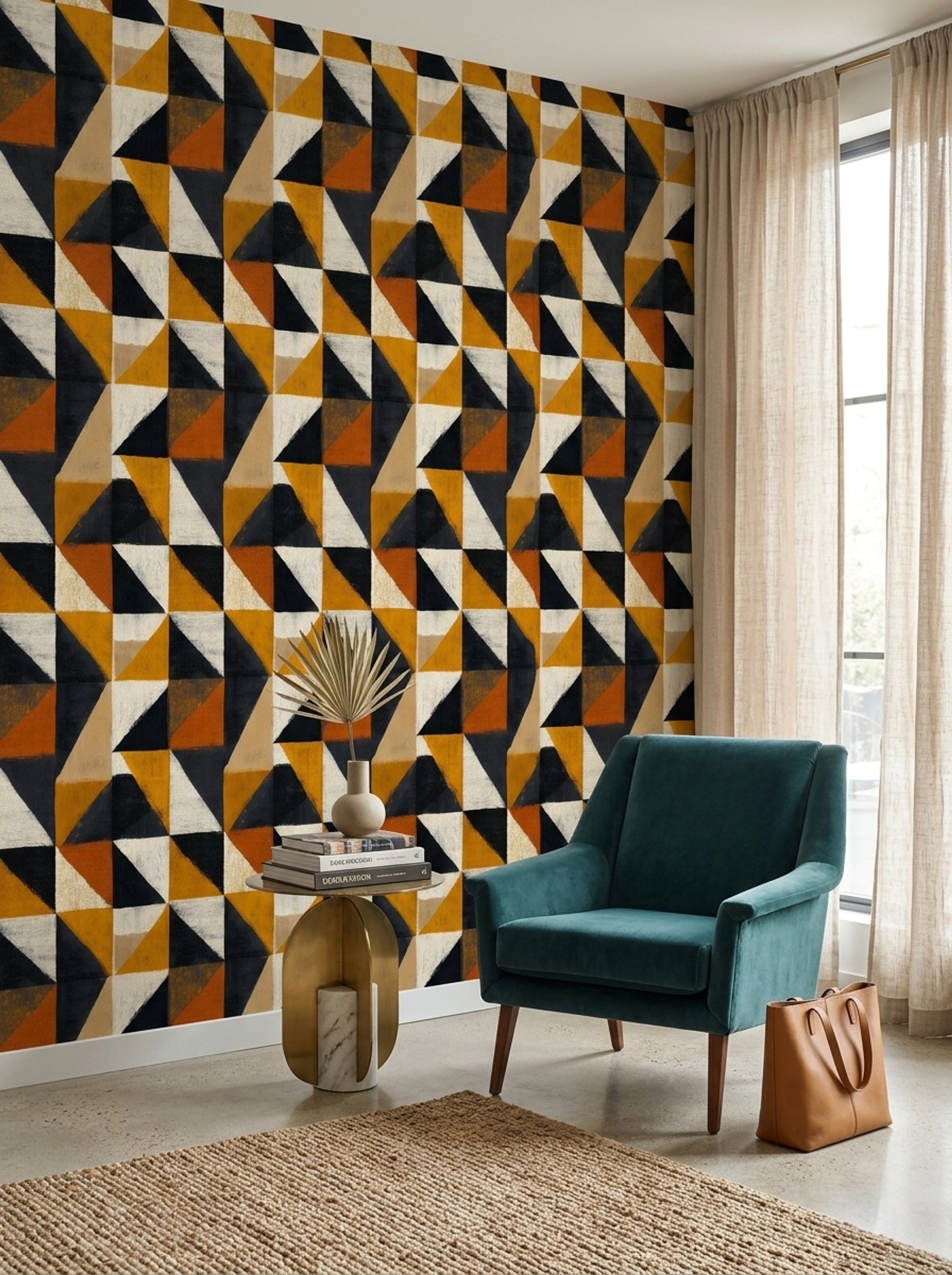 Geometrik Üçgen Desenli Duvar Kağıdı Hardal Siyah Modern