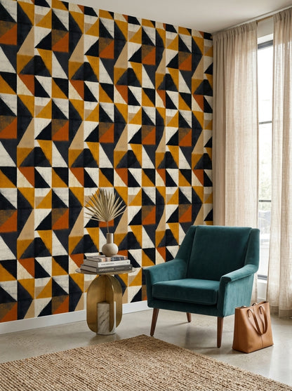Geometrik Üçgen Desenli Duvar Kağıdı Hardal Siyah Modern