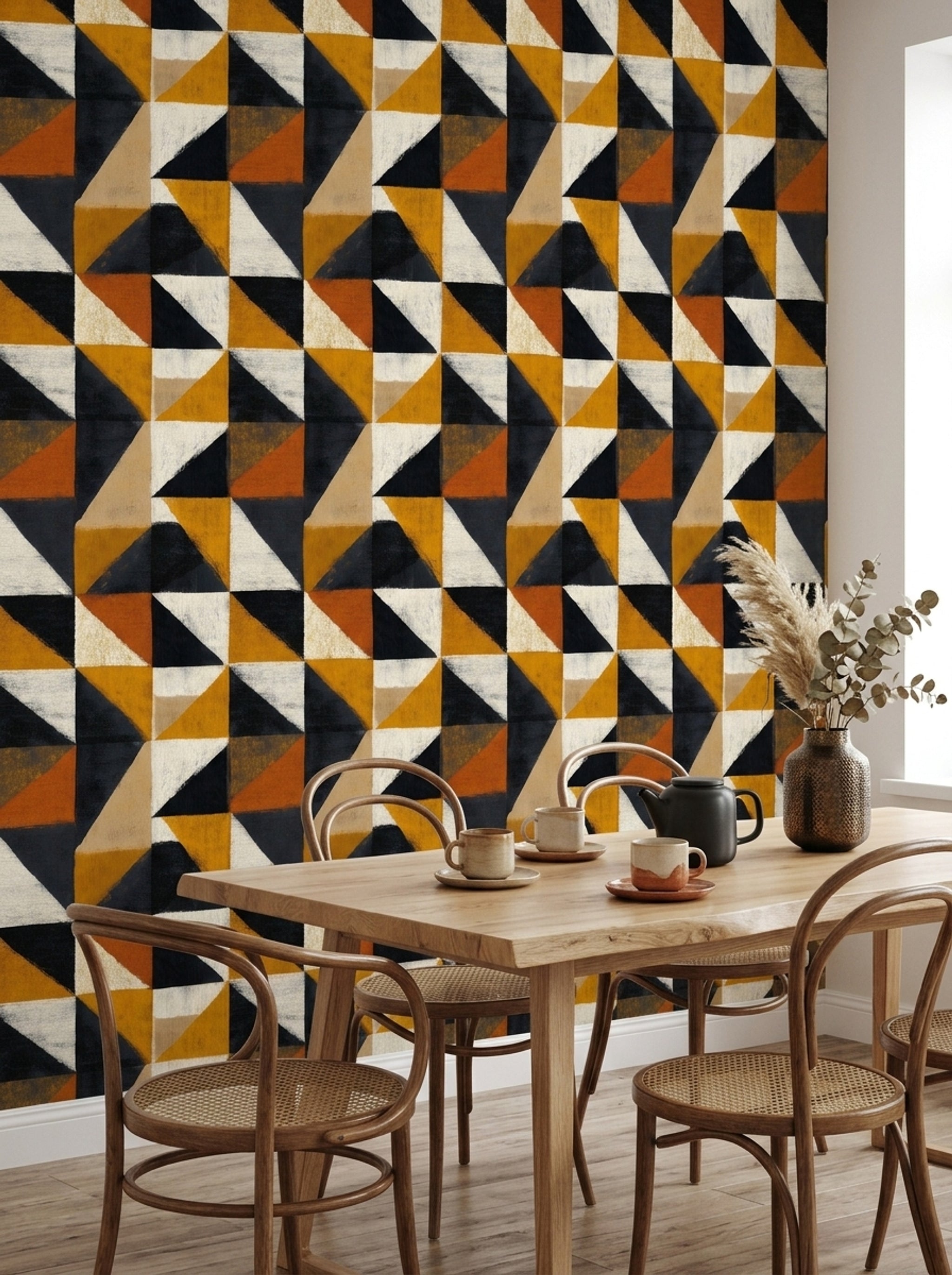 Geometrik Üçgen Desenli Duvar Kağıdı Hardal Siyah Modern