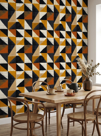 Geometrik Üçgen Desenli Duvar Kağıdı Hardal Siyah Modern